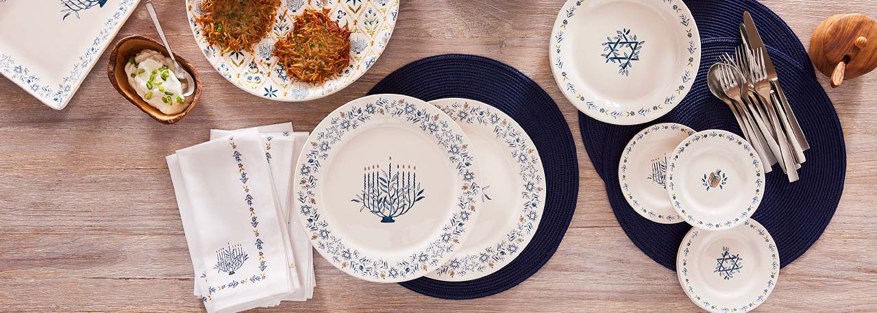 Hanukkah dinnerware and linens in blue and white