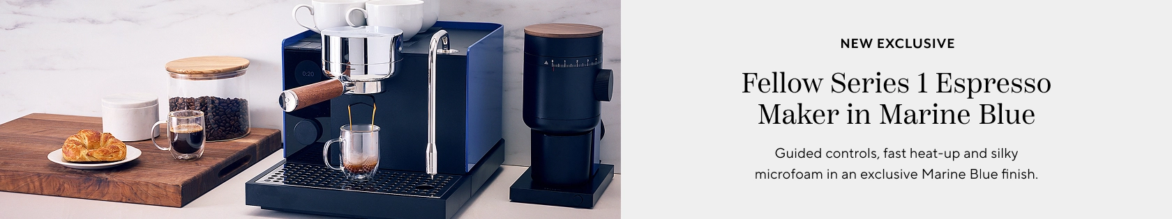 New exclusive Fellow Series 1 Espresso Maker in Marine Blue. Guided controls, fast heat-up and silky microfoam in an exclusive Marine Blue finish.