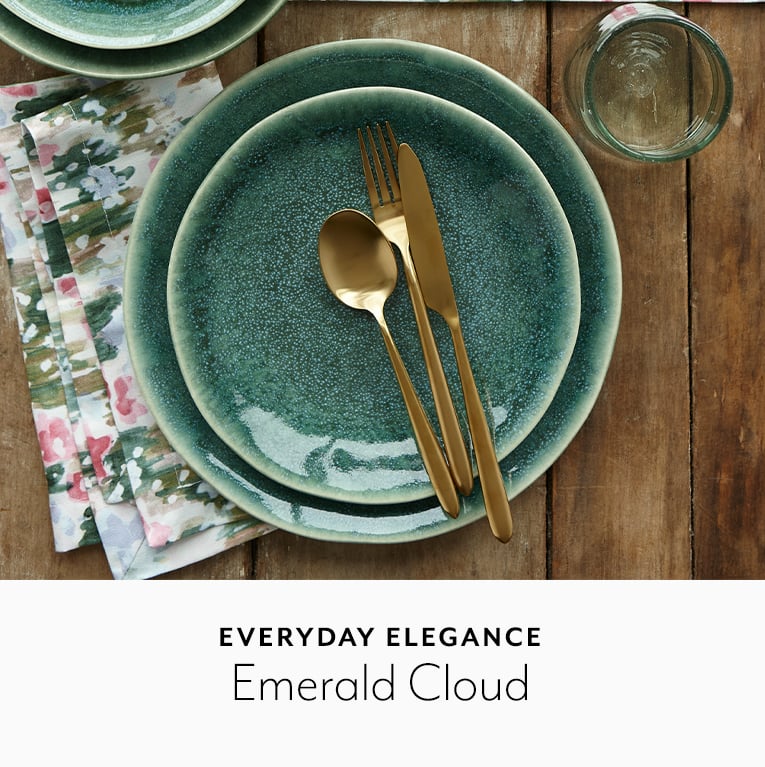 Everday Elegance Emerald Cloud, green dinnerware with gold flatware.