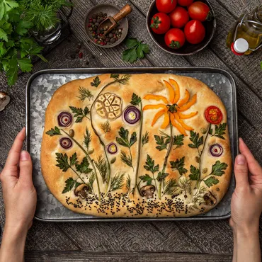 Roasted Vegetable Focaccia on sheet pan