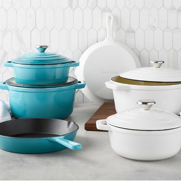 48-Hour Flash Sale, Sur La Table cast iron cookware in white and blue