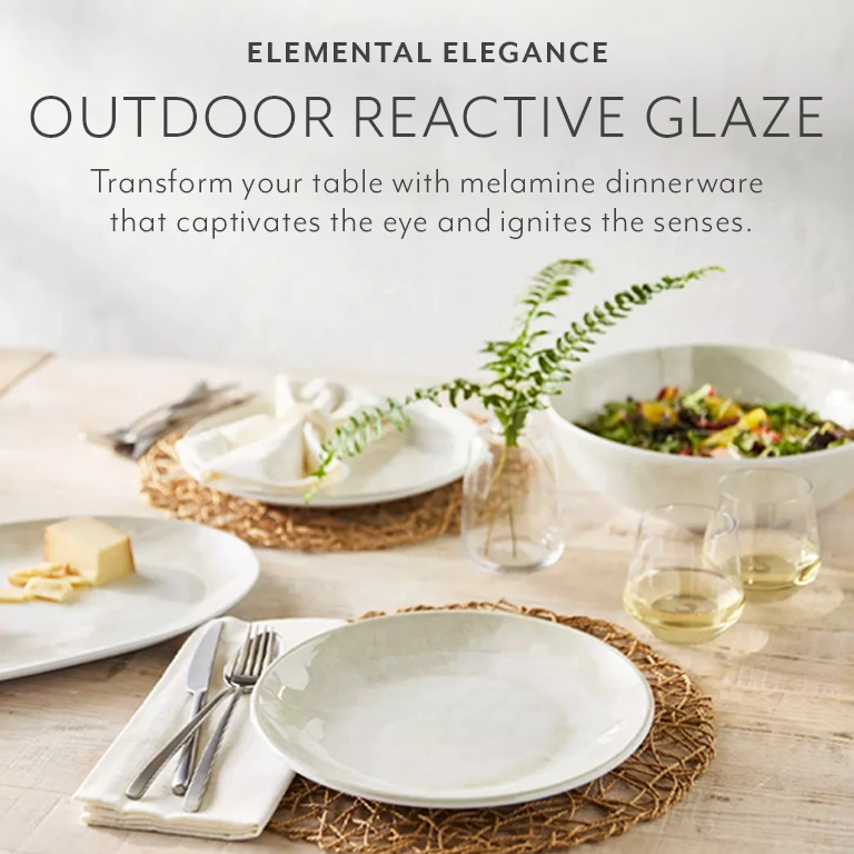 Elemental Elegance, outdoor reactive glaze. Transform your table with melamine dinnerware that captivates the eye and ignites the senses.