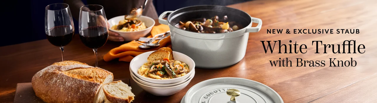New & Exclusive Staub White Truffle with brass knob.