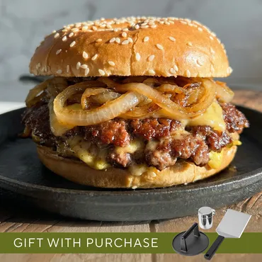 Smashed Brisket Burger with Carmelized Onions, gift with purchase